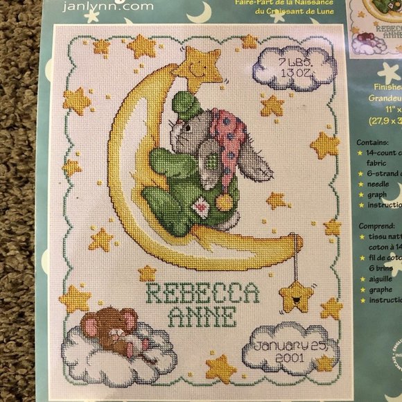 Janlynn Counted Cross Stitch Kit NEW Crescent Moon Birth Announcement 063-0102 - Picture 2 of 8